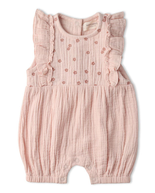Embroidered Ruffle Romper- Blush