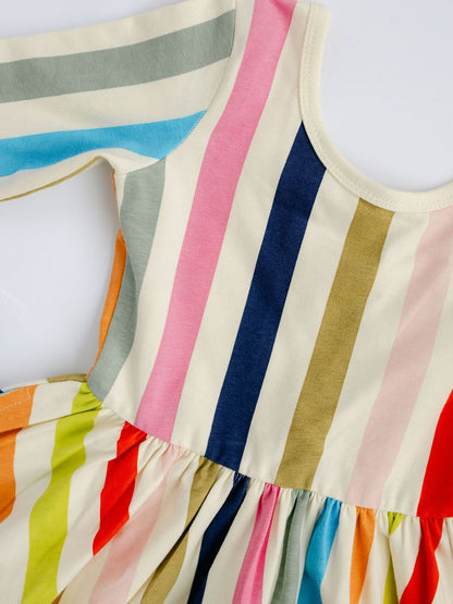 3/4 Sleeve Twirl Dress in Bright Stripes