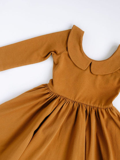 3/4 Sleeve Twirl Dress in Solid Nutmeg Collared