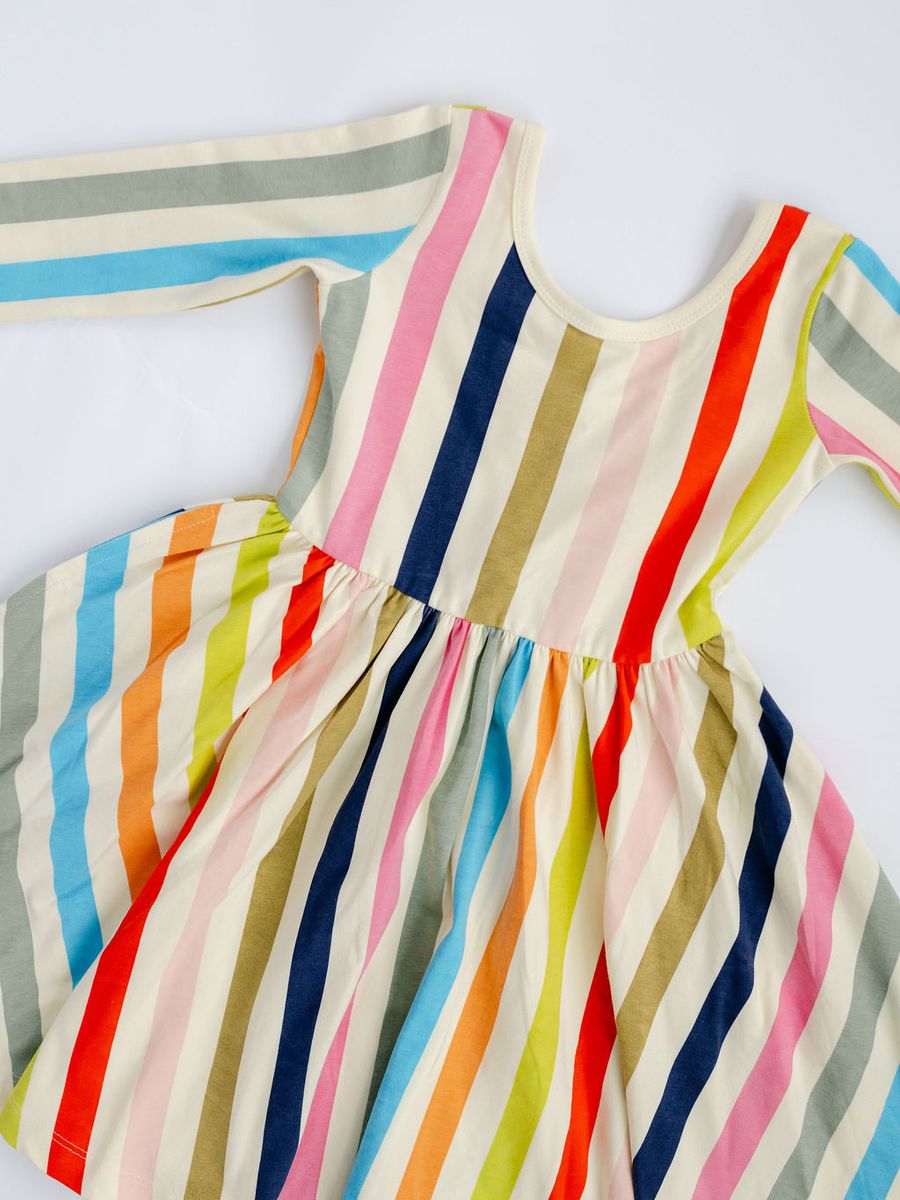 3/4 Sleeve Twirl Dress in Bright Stripes