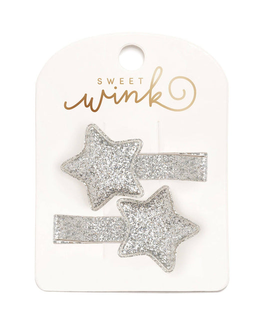 Silver Glitter Star Clip Set - Fourth of July - Kids Hair