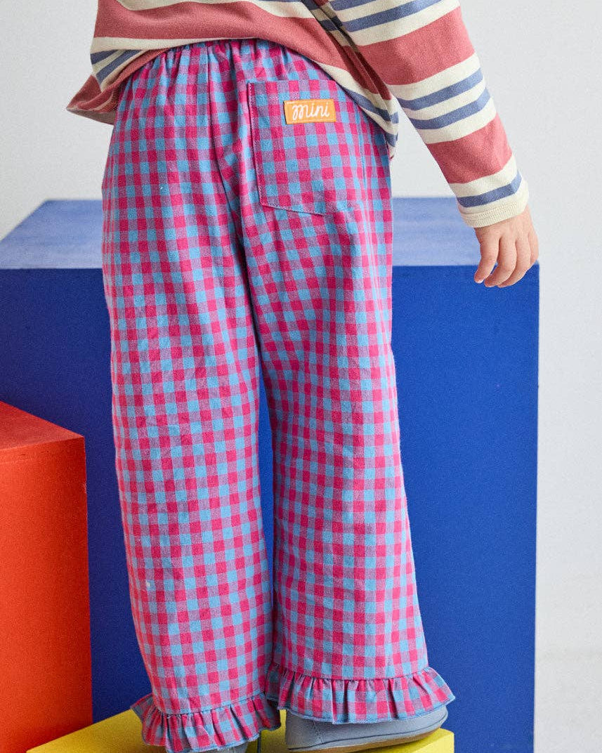 Gingham Ruffle Hem Pant - Pink & Blue