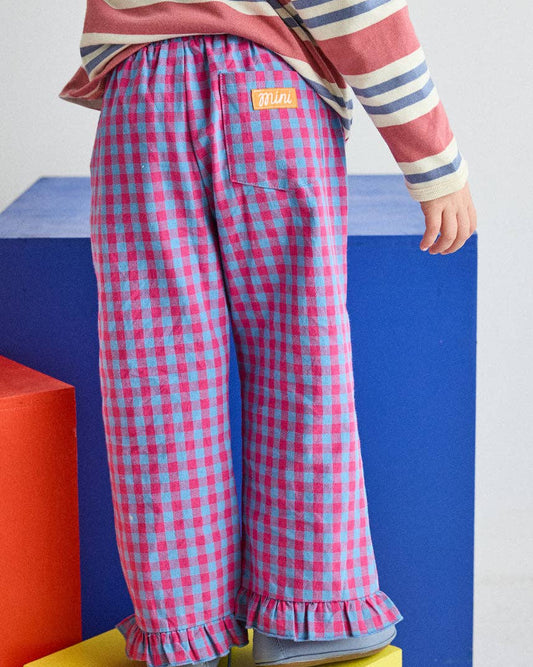 Gingham Ruffle Hem Pant - Pink & Blue