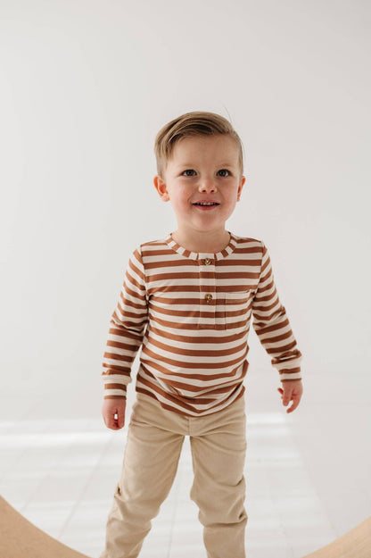 Caramel Stripe Long Sleeve Henley Shirt
