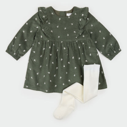 2 Pc Set: Dress Woven & Tights knit- Green DK