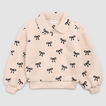 Bow Embroidered Sherpa Half Zip Up