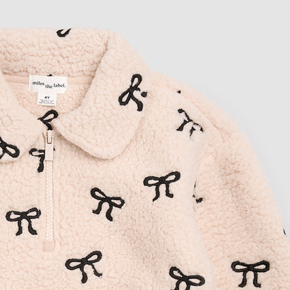 Bow Embroidered Sherpa Half Zip Up