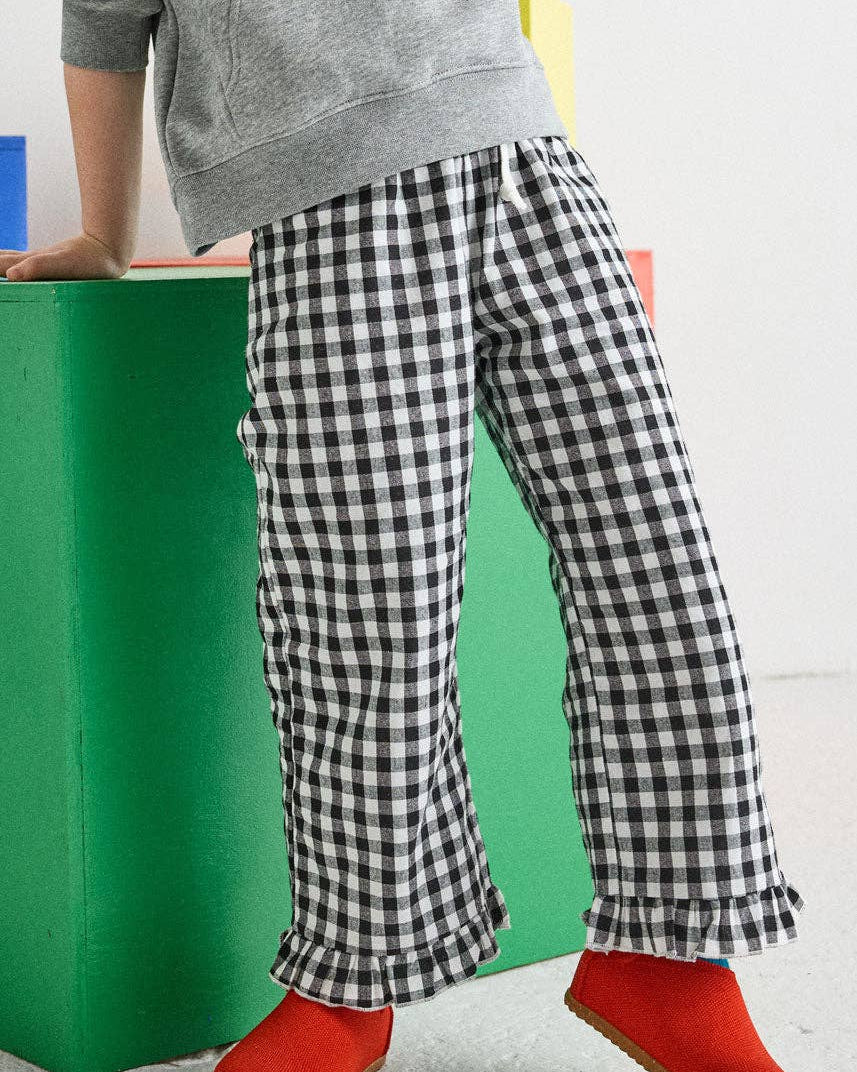 Gingham Ruffle Hem Pant - Black & White