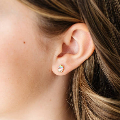 Rainbow Cupcake Stud Earrings - Hypoallergenic, Girl Gift
