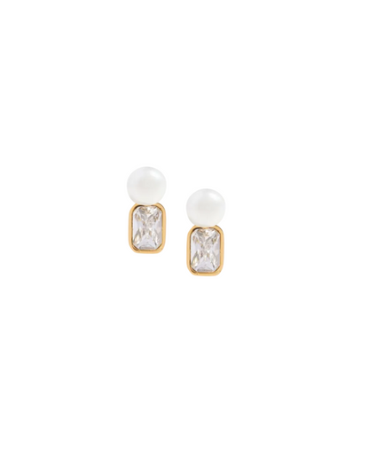 Pearl Stud + Diamond Emerald Charm Set