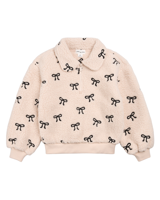 Bow Embroidered Sherpa Half Zip Up