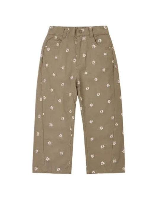 Olive Embroidered Teen Barrel Pants
