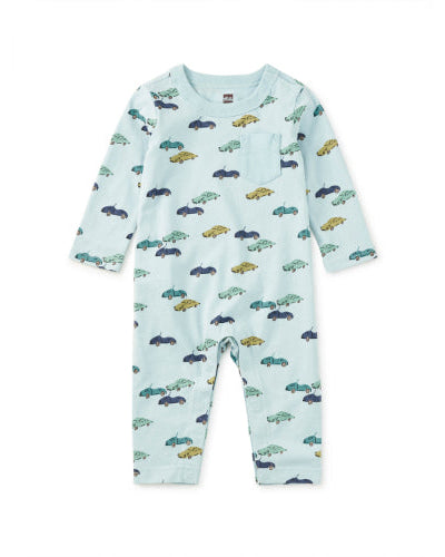 Long Sleeve Pocket Baby Romper- Mini Cars