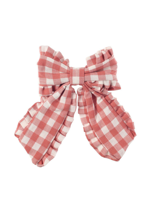 Gingham Ruffle Long Bow Clip