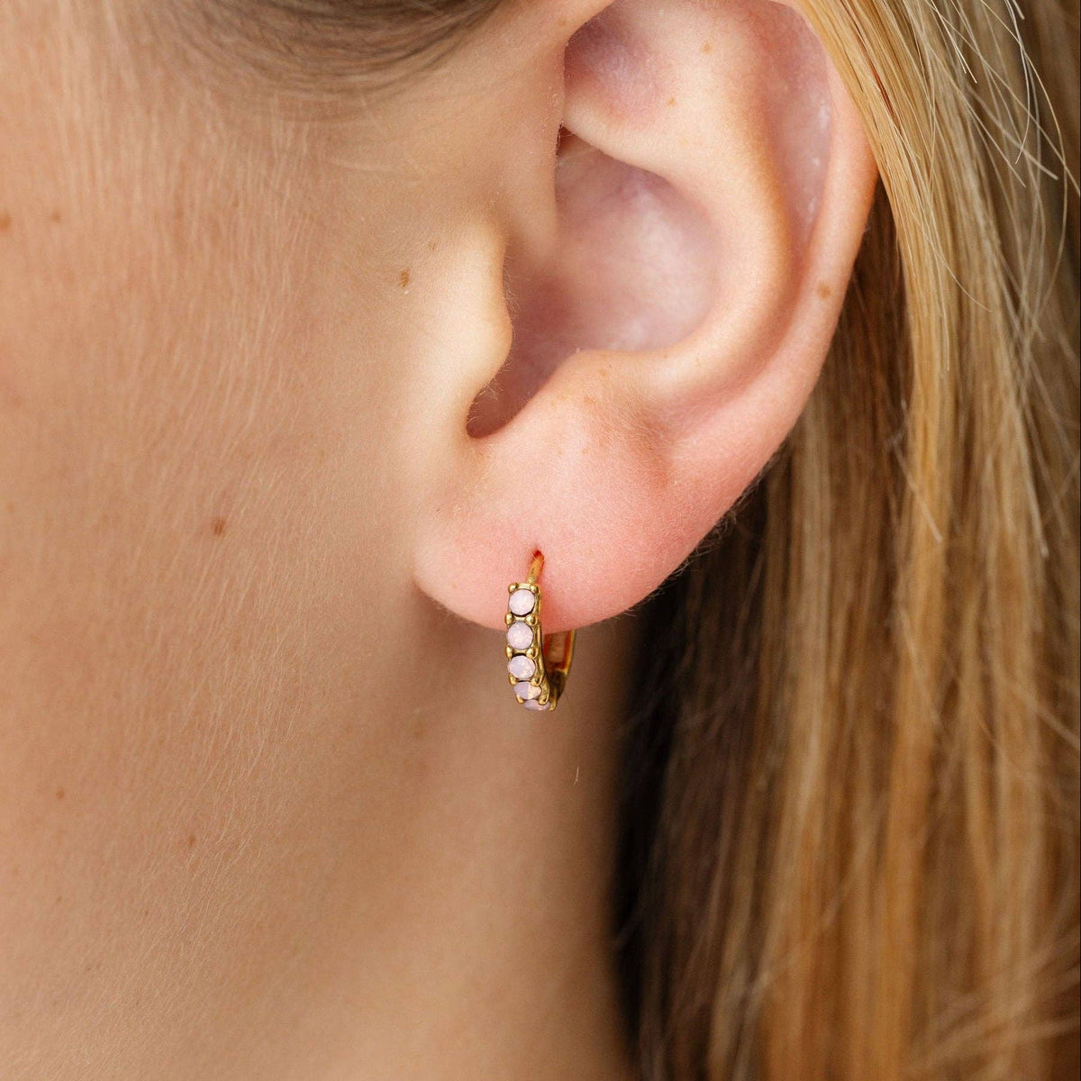 Dainty Pink Opal Hoop - Hypoallergenic, Flat Back, Girl Gift