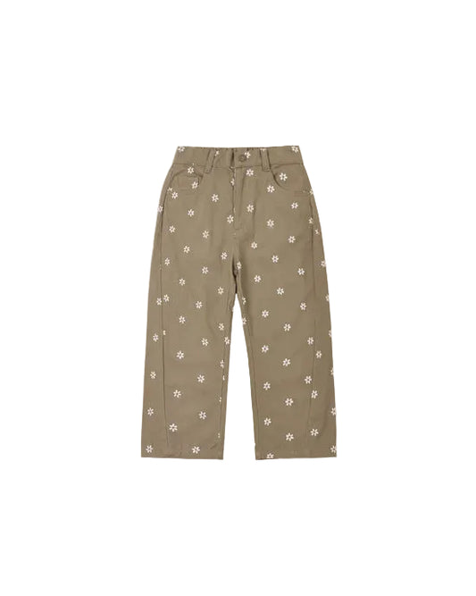 Olive Embroidered Teen Barrel Pants