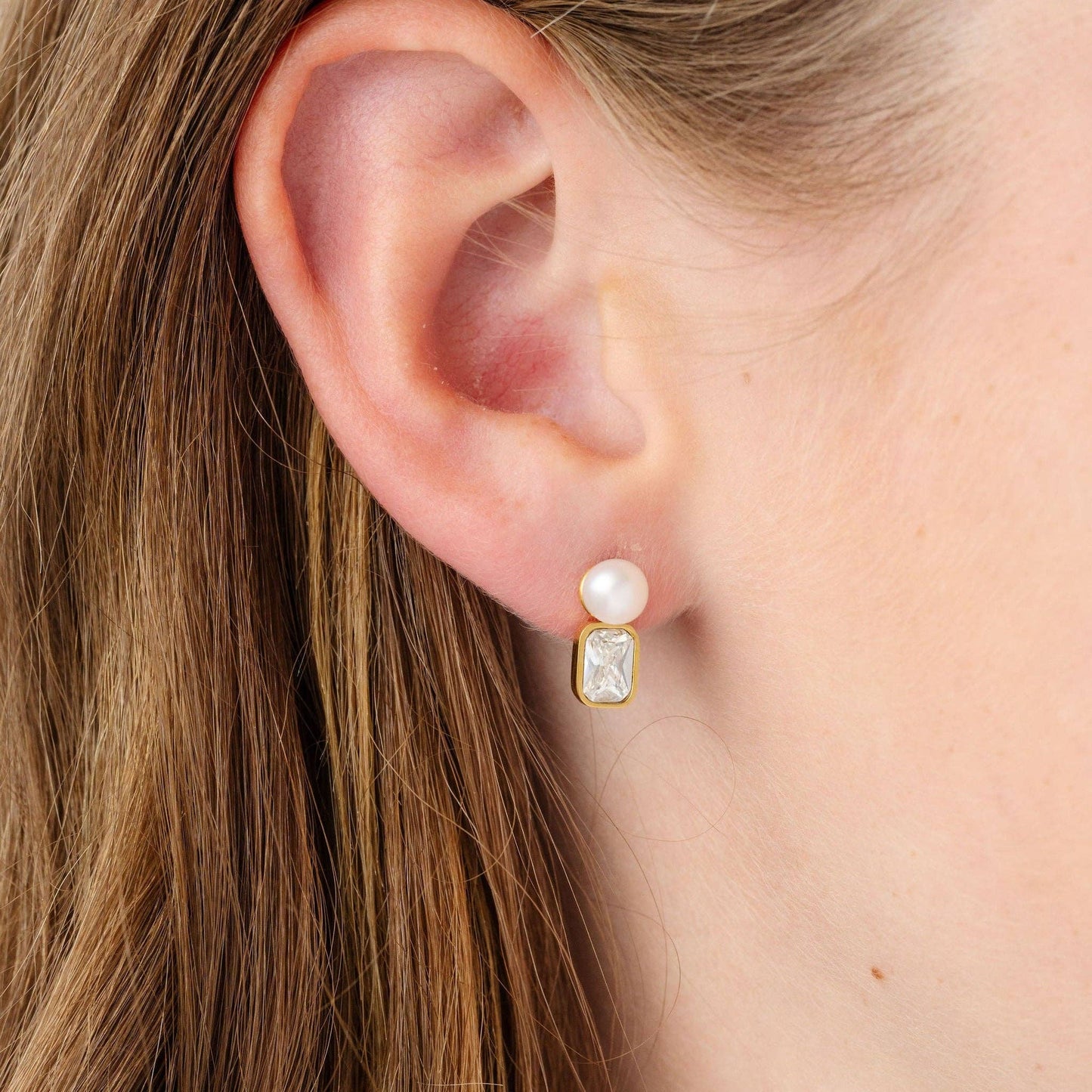 Pearl Stud + Diamond Emerald Charm Set