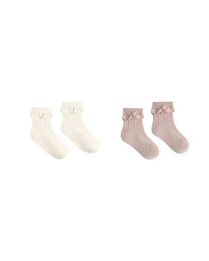 Lace Trim Socks- Rosewood and Natural- 2pk