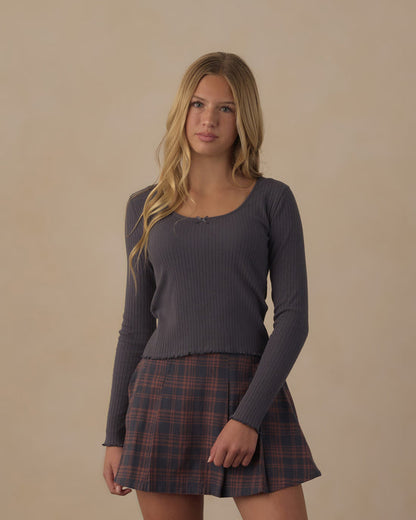 Ribbed Long Sleeve Knit Tee- Midnight