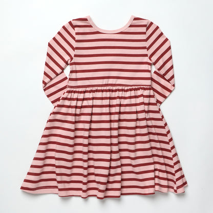 Long Sleeve Sunny Dress- Pink Burgundy Stripe