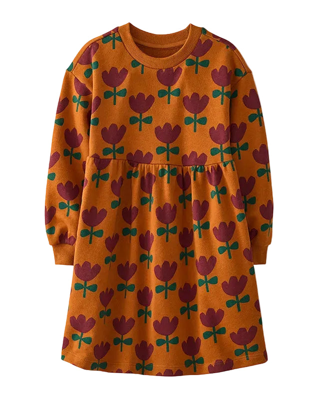 Long Sleeve French Terry Dress with Pockets- Tulips
