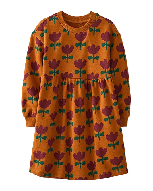 Long Sleeve French Terry Dress with Pockets- Tulips